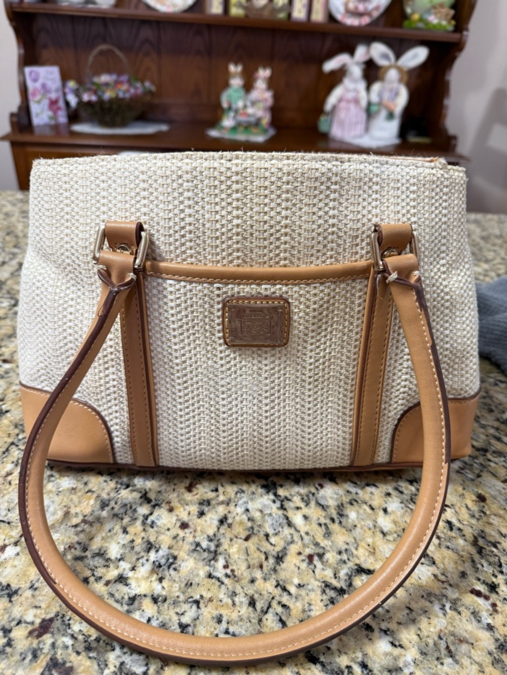 Liz Claiborne – Cream Woven Tote with Tan Leather Trim-measures 8 1/2 x 12 x 3”